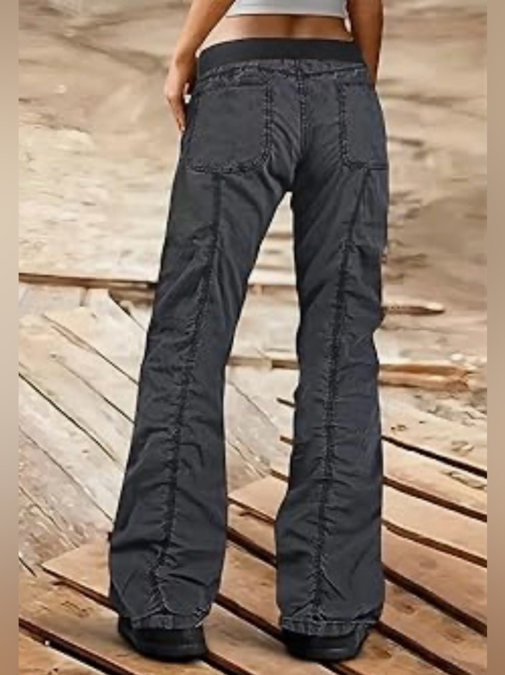 Flamingals Solid Stitch Detail Drawstring Mid Rise Straight Leg Cargo XS NWT - Picture 2 of 8